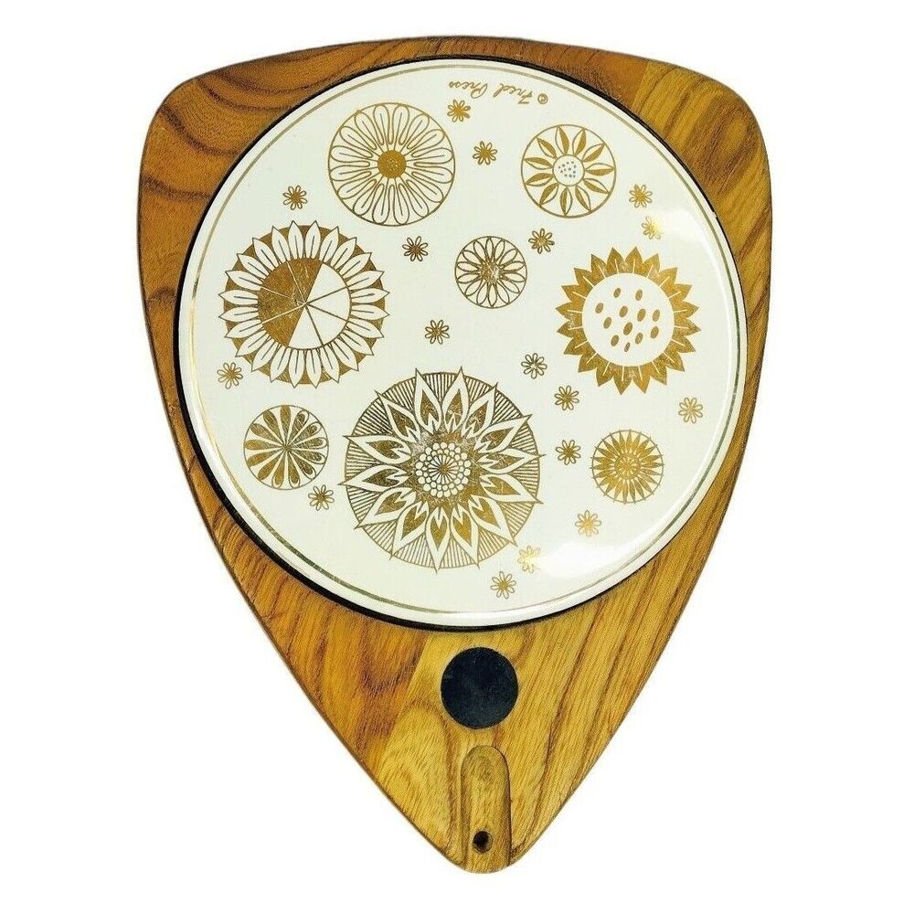Vintage 60s MCM Fred Press Celestial Wood Ceramic Tile Cheese Charcuterie Board